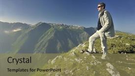  Presentation with height - Slides featuring healthy young man practice yoga in height mountain at early morning and sunrise background and a coral colored foreground
