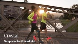  Presentation with morning sunrise - Theme enhanced with healthy young multiethnic couple jogging in the city at early morning with sunrise in background background and a tawny brown colored foreground