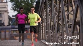  Presentation with morning sunrise - Presentation theme having healthy young multiethnic couple jogging across the bridge in the city at early morning with sunrise in background background and a dark gray colored foreground