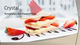  Presentation with banoffee pie cake on white - Audience pleasing presentation theme consisting of healty - strawberry mille feuille cake backdrop and a sky blue colored foreground