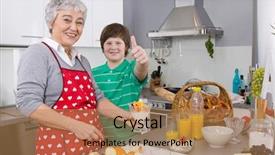  Presentation with cooking - Presentation theme having healty food - happy family grandmother and grandson background and a coral colored foreground