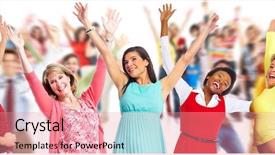  Presentation with people - Slide deck featuring healty hand - group of laughing happy people background and a  colored foreground