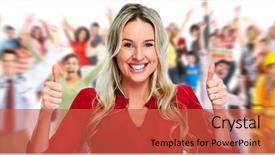  Presentation with group of happy couples - PPT theme featuring healty hand - group of laughing happy people background and a red colored foreground