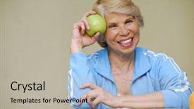  Presentation with green visi - PPT theme featuring healty life - happy senior woman holding background and a mint green colored foreground