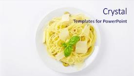  Presentation with green plate - Presentation design featuring heap-of-boiled-spaghetti background and a sky blue colored foreground