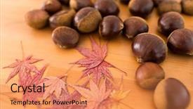  Presentation with green maple leaves - PPT theme with heap of chestnuts and maple background and a coral colored foreground