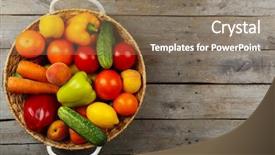  Presentation with fresh fruits vegetables - Theme enhanced with heap of fresh fruits and vegetables in basket on wooden table close up background and a coral colored foreground