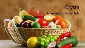  Presentation with fresh fruits vegetables - Colorful slide deck enhanced with heap of fresh fruits and vegetables in basket on wooden table close up backdrop and a red colored foreground