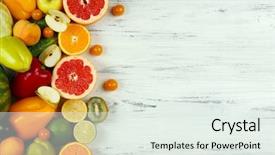  Presentation with fresh fruits vegetables - Amazing PPT theme having heap of fresh fruits and vegetables on wooden background backdrop and a sky blue colored foreground