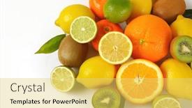  Presentation with tropical fruit - Colorful presentation theme enhanced with heap of fresh tropical fruit on white background backdrop and a yellow colored foreground