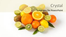  Presentation with tropical fruit - Theme with heap of fresh tropical fruit on white background background and a blonde colored foreground