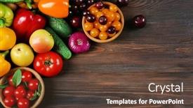  Presentation with fruits and vegetables - Slide set enhanced with heap of fruits and vegetables on wooden background background and a tawny brown colored foreground