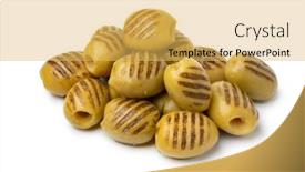  Presentation with white green - Presentation design having heap-of-grilled-green-olives background and a yellow colored foreground
