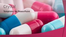  Presentation with medicine - PPT theme having heap-of-medicine-colorful-pills background and a coral colored foreground