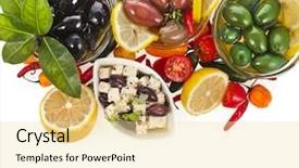  Presentation with herbs - Colorful presentation enhanced with heap of olives dish with vegetables herbs spices top view surface isolated on a white background backdrop and a blonde colored foreground