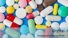  Presentation with medical pills - Beautiful slide set featuring heap of pills - blue medical backdrop and a light blue colored foreground