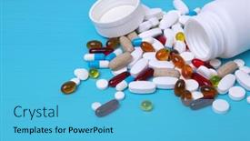  Presentation with pills - Colorful slide deck enhanced with heap-of-pills-on-blue backdrop and a light blue colored foreground