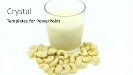  Presentation with white milk - Theme featuring heap of raw cashews and a glass of cashew milk on white background background and a white colored foreground