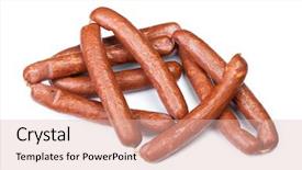  Presentation with sausages - Presentation theme featuring heap of smoked sausages isolated on white background background and a lemonade colored foreground