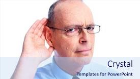  Presentation with deaf - Slides with hearing aid - deaf man isolated on white background and a sky blue colored foreground