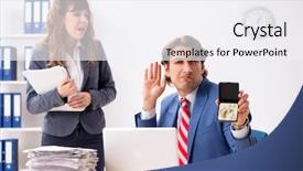  Presentation with hearing aid - Colorful slide deck enhanced with hearing aid talking to boss backdrop and a  colored foreground