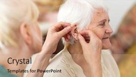  Presentation with hearing aid - Cool new slide deck with hearing aid to senior woman backdrop and a coral colored foreground