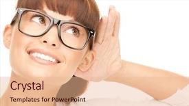  Presentation with listening woman - PPT theme having hearing ear - bright picture of young woman background and a coral colored foreground