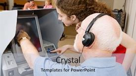  Presentation with senior worker - Colorful presentation design enhanced with hearing impaired - poll worker explains the new backdrop and a light blue colored foreground