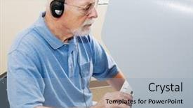  Presentation with touch screen - Slide set with hearing impaired - senior man using headphones background and a light blue colored foreground