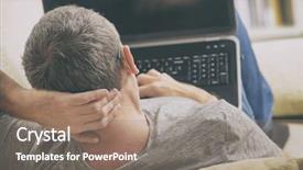  Presentation with hearing loss communication man - Slide set with hearing impaired man using laptop background and a coral colored foreground