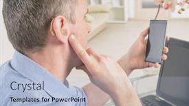  Presentation with mobile home - Presentation theme featuring hearing-impaired-man-working background and a light blue colored foreground