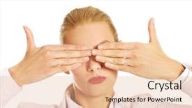  Presentation with eyes - Theme enhanced with hearing seeing - business woman covering her eyes background and a lemonade colored foreground