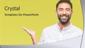  Presentation with hand palm - PPT theme having hearing something - adult hispanic man over isolated background and a yellow colored foreground