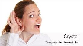 Presentation with ear - Cool new presentation theme with hearing test - business woman eavesdropping with hand backdrop and a  colored foreground