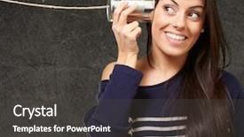  Presentation with hearing - Audience pleasing PPT layouts consisting of old vintage mobile phones - young woman hearing using backdrop and a dark gray colored foreground