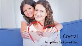  Presentation with daughter mother - Presentation design consisting of heart against happy mother and daughter smiling at camera background and a teal colored foreground