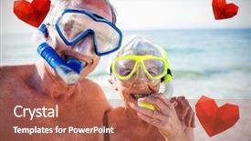  Presentation with masks - Slides with heart against happy senior couple with diving masks 3d background and a red colored foreground