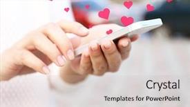  Presentation with smartphone - Slides with heart cells - woman holding smartphone outside background and a soft green colored foreground