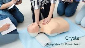  Presentation with cpr - Presentation theme having heart compression - group of people practicing cpr background and a sky blue colored foreground