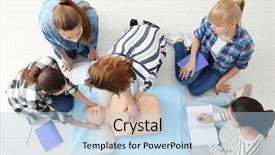  Presentation with cpr - Beautiful slide set featuring heart compression - group of people practicing cpr backdrop and a light blue colored foreground