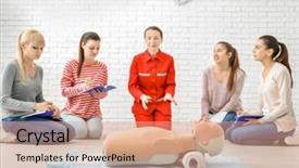  Presentation with cpr - Presentation design with heart compression - group of people practicing cpr background and a coral colored foreground