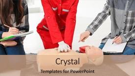  Presentation with mannequin - Presentation theme featuring heart compression - woman demonstrating cpr on mannequin background and a coral colored foreground