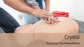  Presentation with first aid - Presentation theme with heart compression - woman practicing cpr on mannequin background and a coral colored foreground