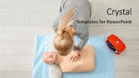  Presentation with cpr - PPT layouts featuring heart compression - woman practicing cpr on mannequin background and a light gray colored foreground