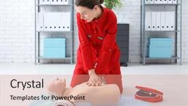  Presentation with mannequin - PPT layouts with heart compression - woman practicing cpr on mannequin background and a coral colored foreground