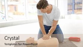  Presentation with first aid - Amazing slides having heart compression - young man practicing first aid backdrop and a coral colored foreground
