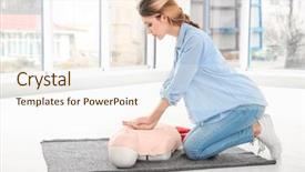  Presentation with first aid - Slide set consisting of heart compression - young woman practicing first aid background and a cream colored foreground