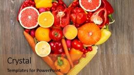  Presentation with heart healthy diet - Colorful PPT layouts enhanced with heart healthy diet - fruits and vegetables on wooden backdrop and a coral colored foreground