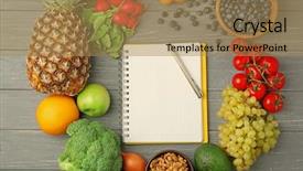  Presentation with heart healthy diet - Amazing slide set having heart healthy diet - notebook with fruits and vegetables backdrop and a coral colored foreground