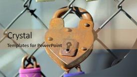  Presentation with padlock - Presentation design enhanced with heart padlock on a metal fence with other locks surrounding background and a coral colored foreground